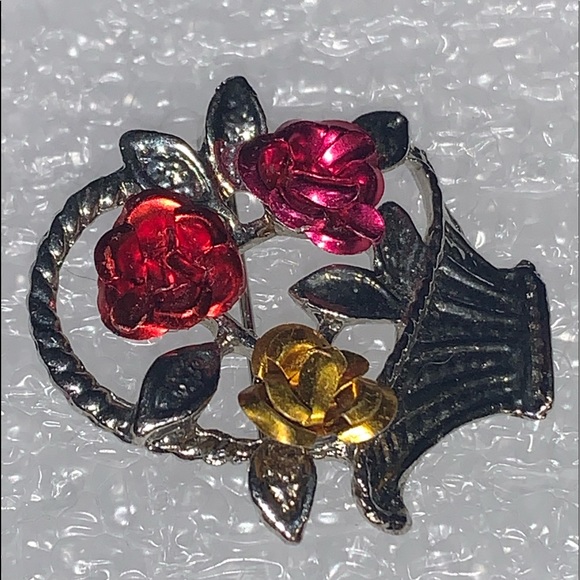 Red, Pink, & Gold Roses in Silver Tone Basket Brooch/Pin - Picture 15 of 16